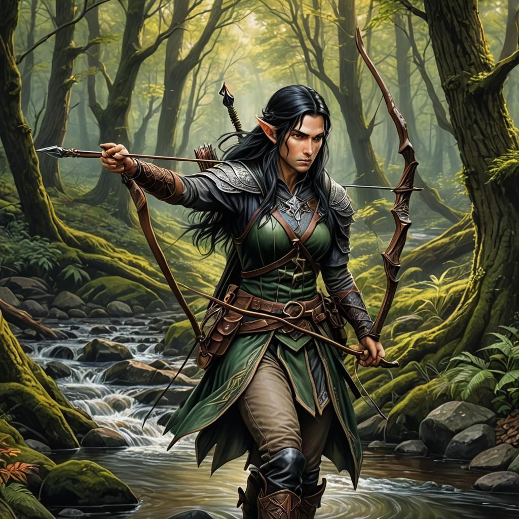 Half-Elf Ranger in Forest, Colored Pencil Drawing