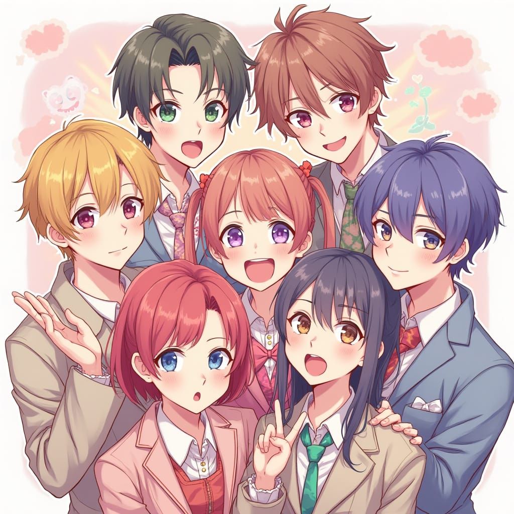 Kawaii BTS Group Portrait in Vibrant Pastel Colors