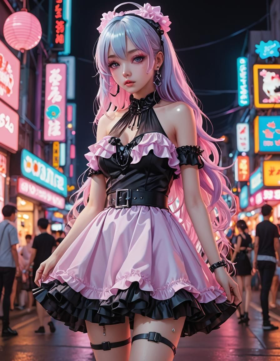 Pastel Goth Dress with Neon Lights in 3D Anime Style