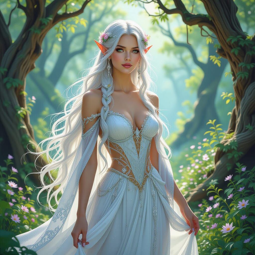 Elven Woman in Mystical Forest, Art Nouveau Style