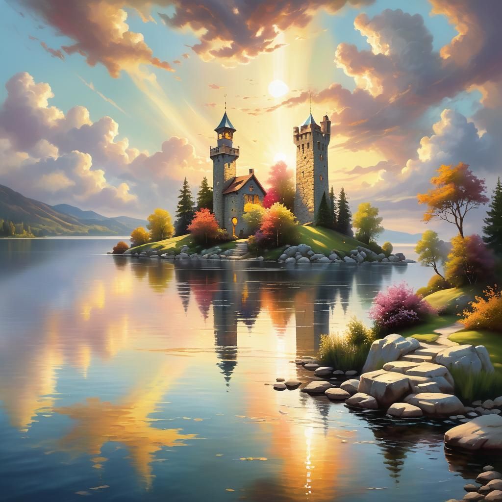 Lake and Tower in Sunlit, Surreal Landscape