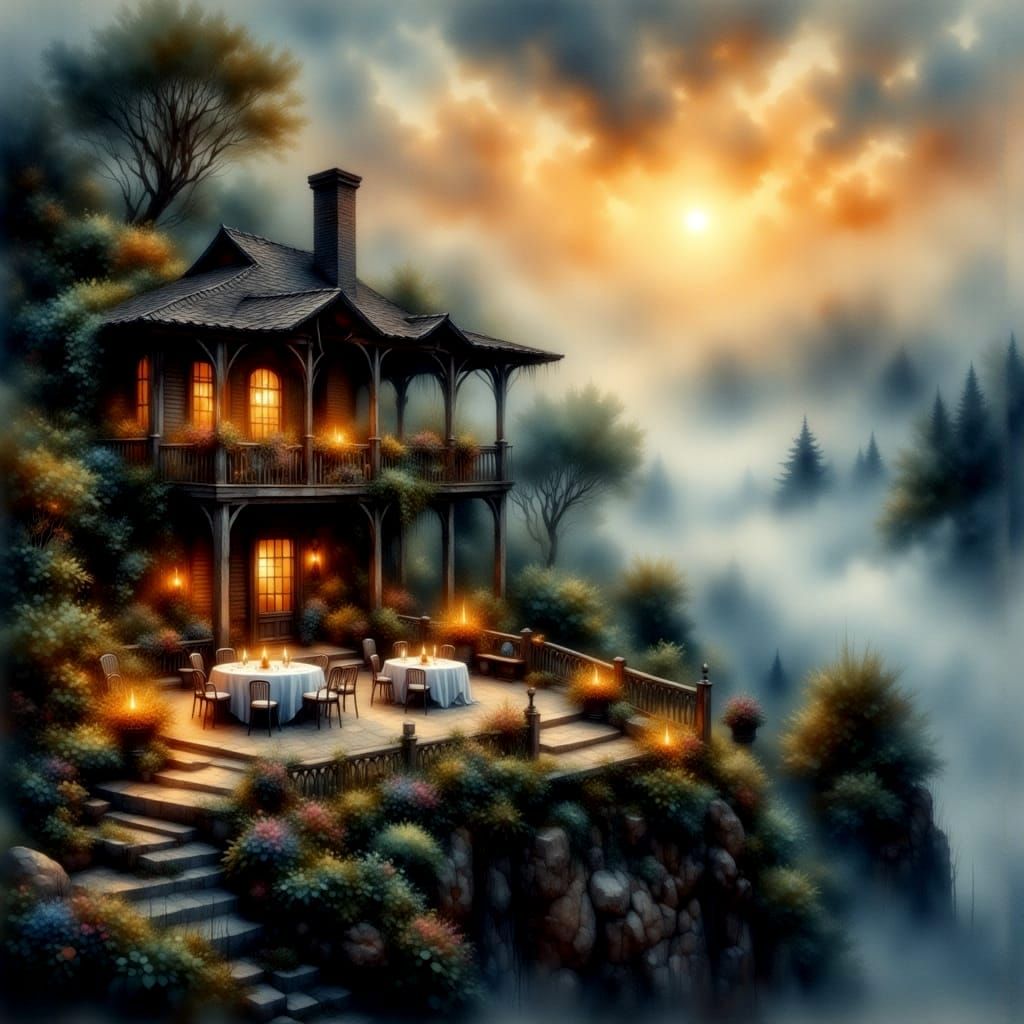 Cliffside Villa at Sunset in Painterly Watercolor Style