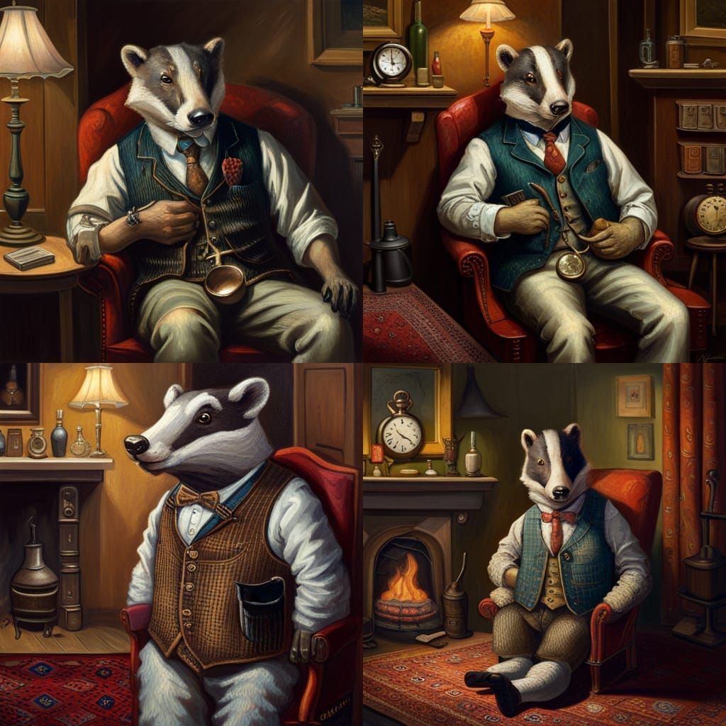Badger Gentleman in Cozy Cottage, Oil Painting Style