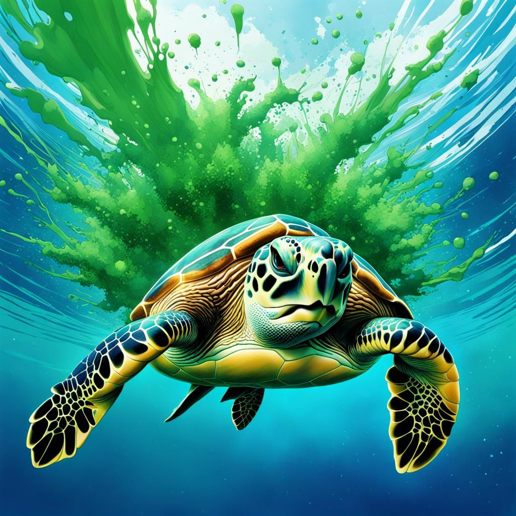 Ink Splatter Turtle in the Sea: Digital Illustration