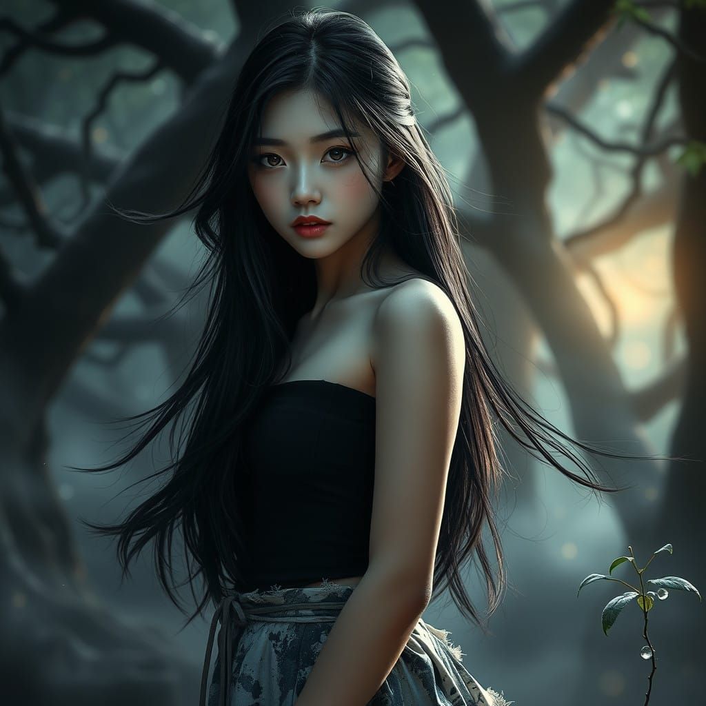 "A striking  Japanese young lady with long, flowing jet-blac...