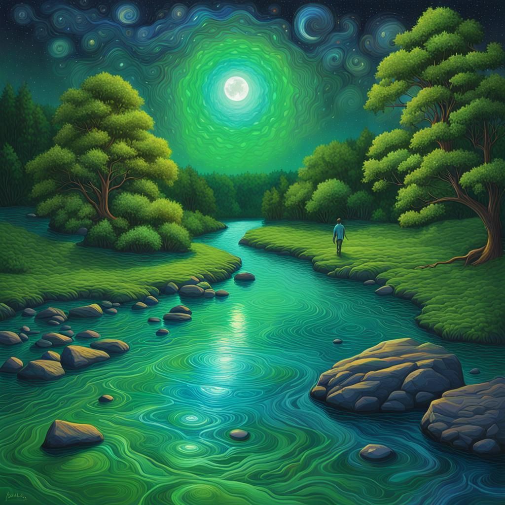 Astral River Road at Night: Holographic Mixed Media