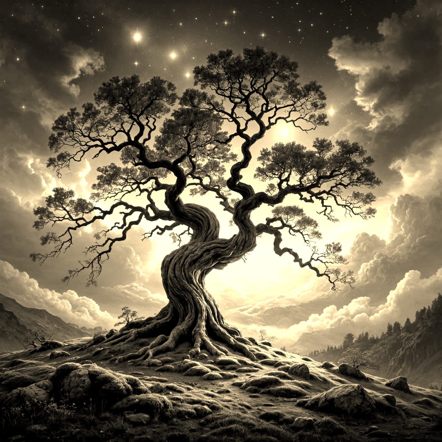 Epic Ancient Tree Matte Painting Under Starry Sky