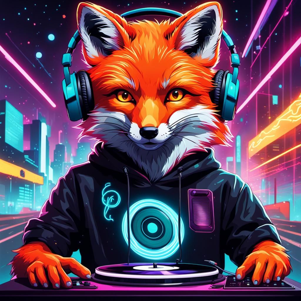Fox DJ with Headphones in Neon Cityscape