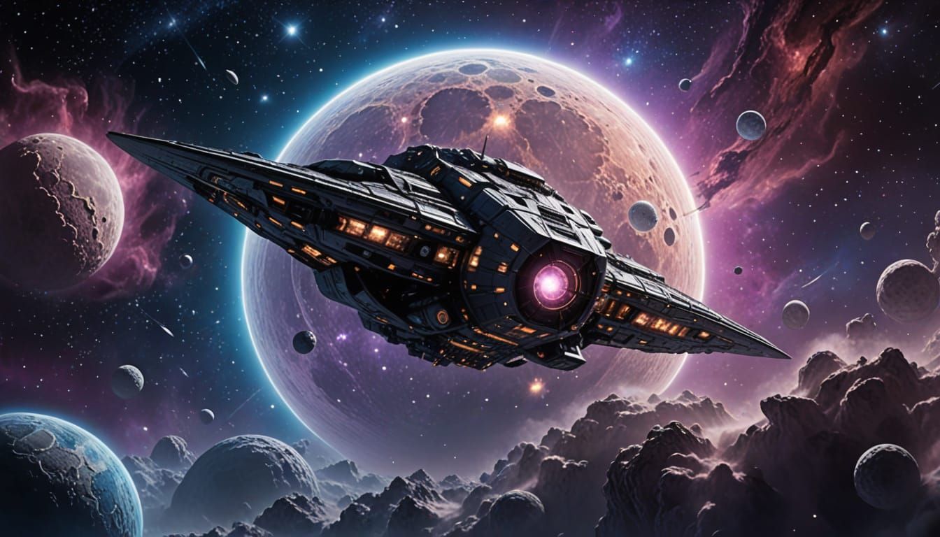 Sleek Spaceship Navigates Nebula Near Luminous Moon