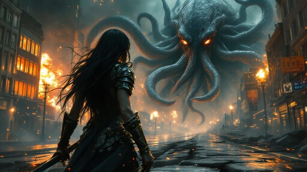 Epic Warrior Goddess Battles Cthulhu in Hyper Realistic Port...
