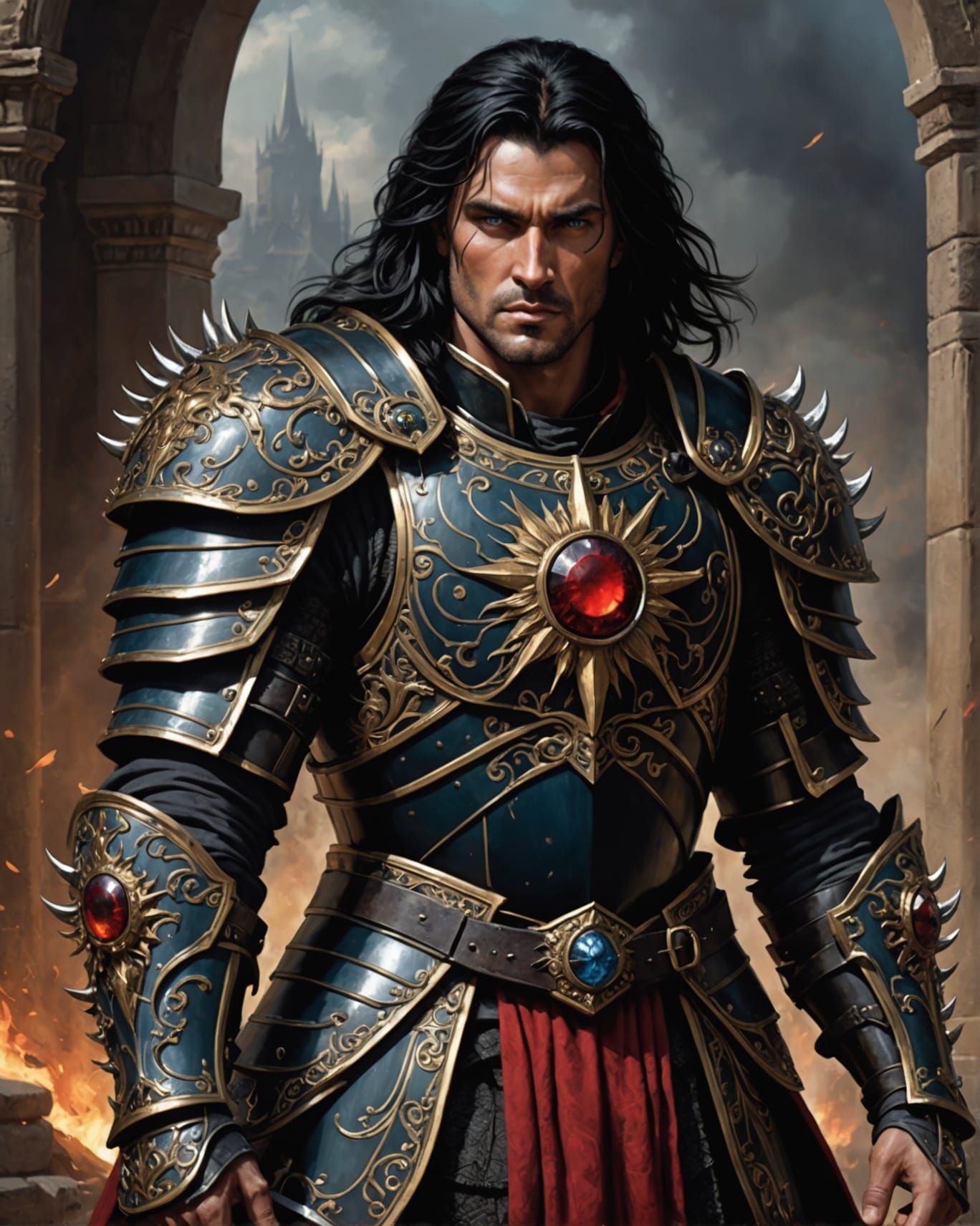 Warrior in Black Armor Slaying Knights with Flaming Sword