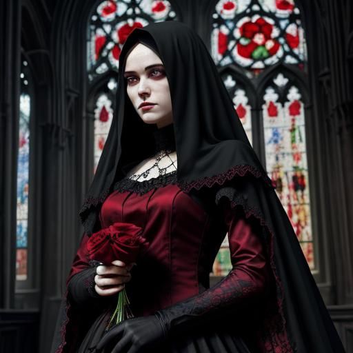 Gothic Woman with Rose and Veil Digital Painting