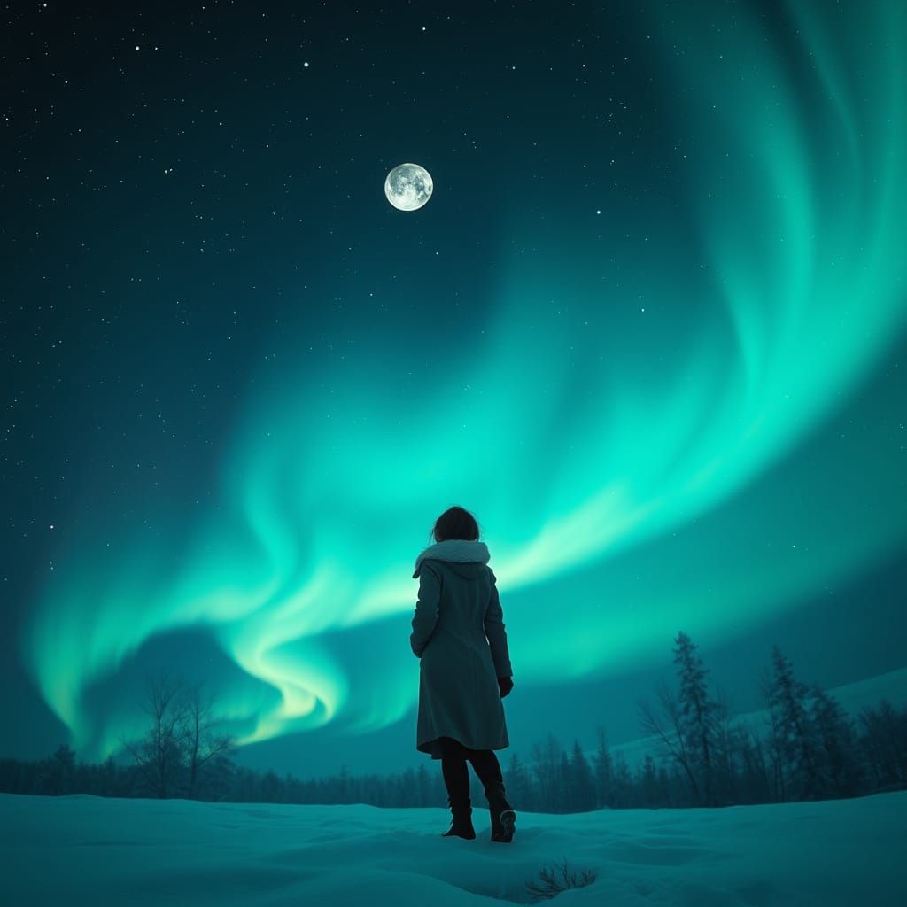 Mysterious Woman in Winter Landscape with Breathtaking Auror...