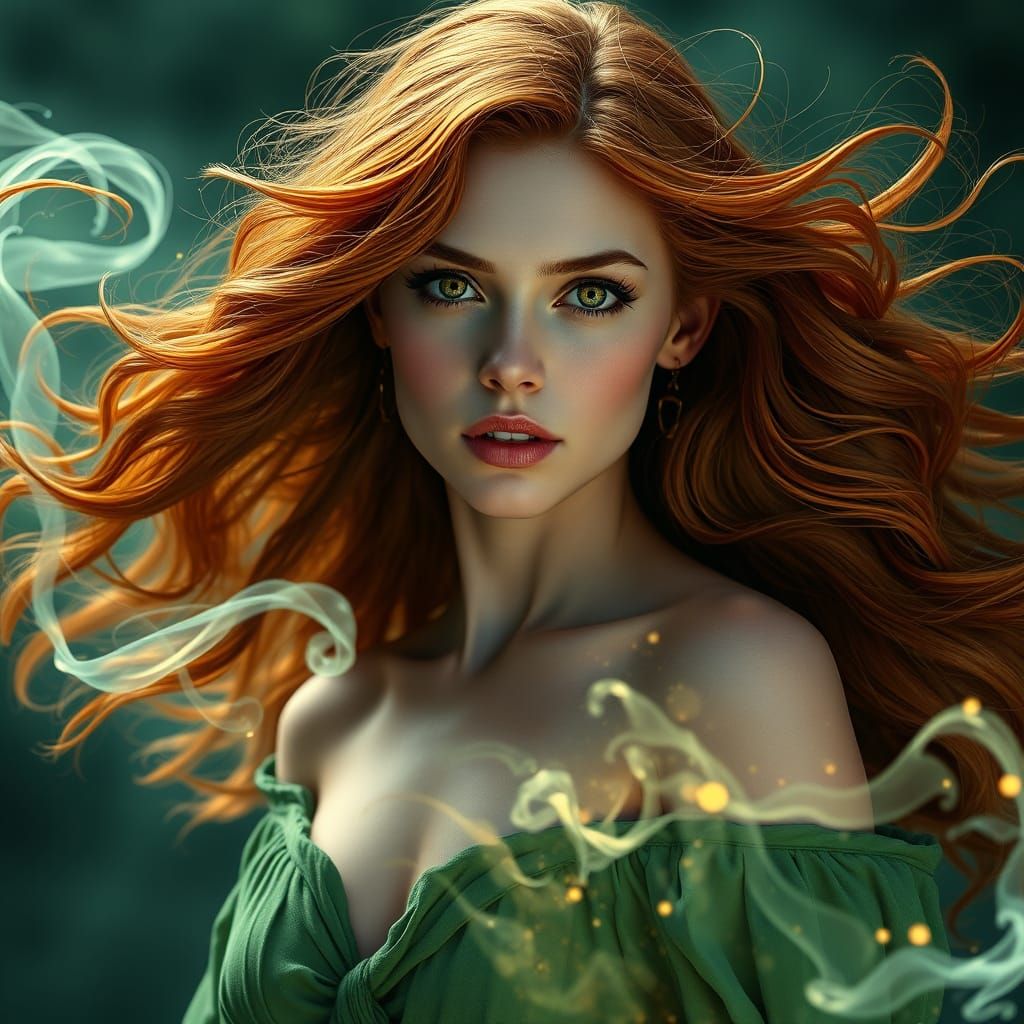 Ethereal Auburn Sorceress in Art Nouveau Style