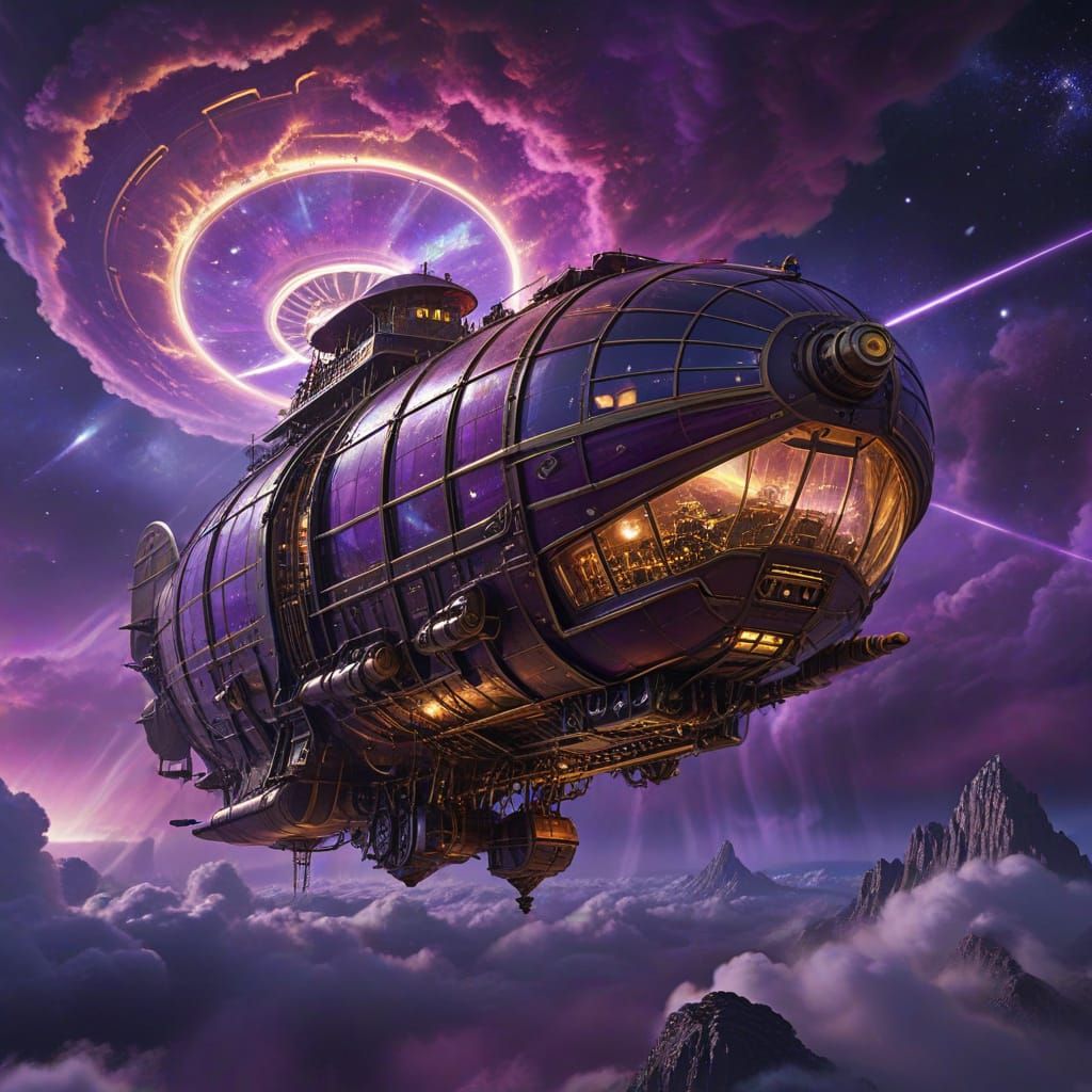 Steampunk Airship Navigates Cosmic Nebula in Concept Art Sty...