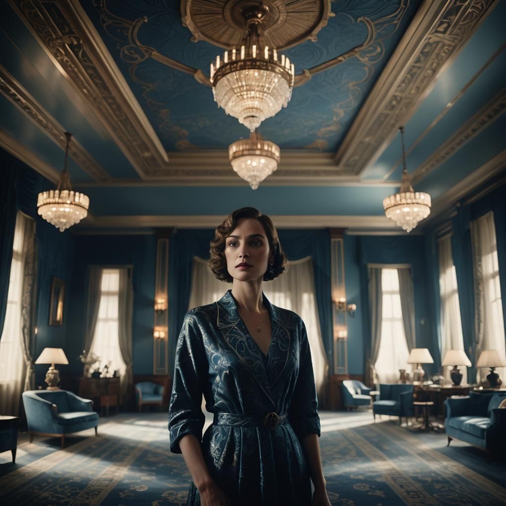 Elegant Woman in Art Deco Setting with Chiaroscuro Lighting