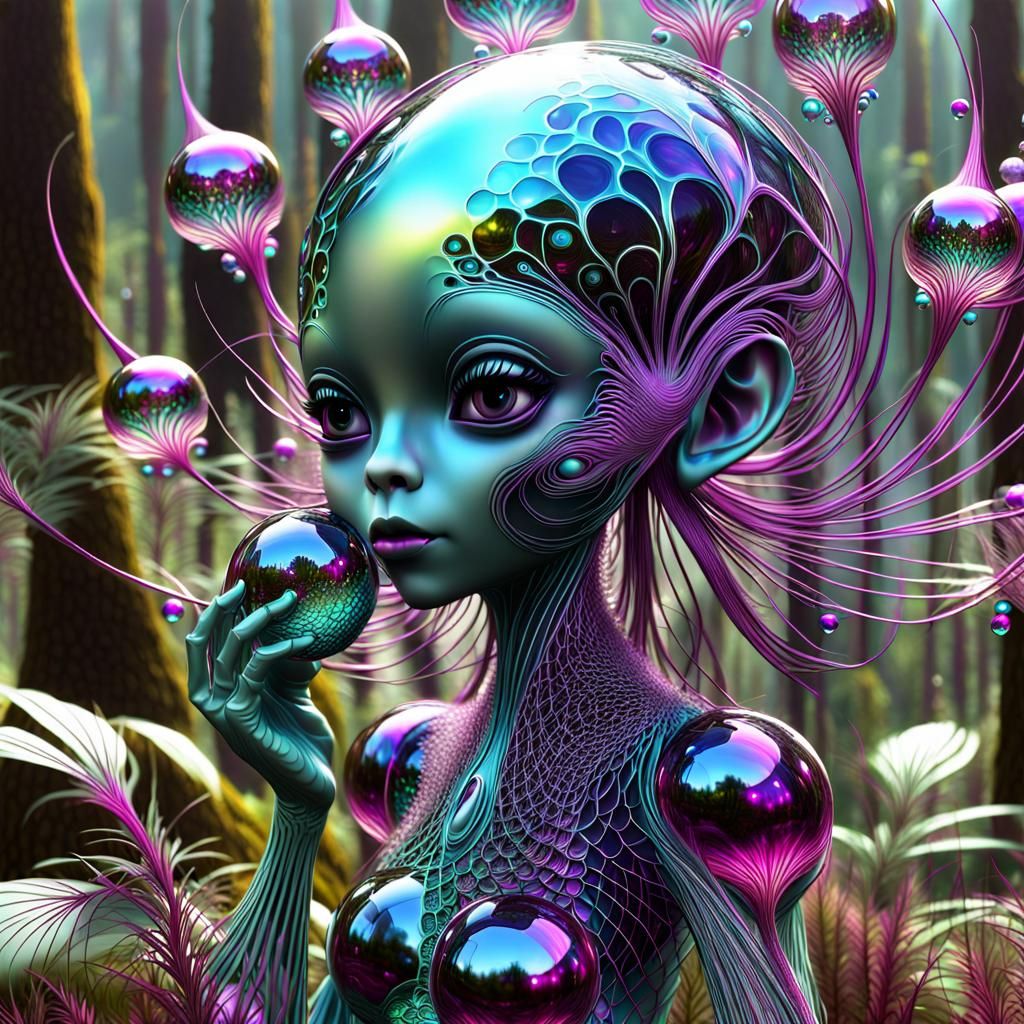 Alien Mother and Child in Fractal Forest