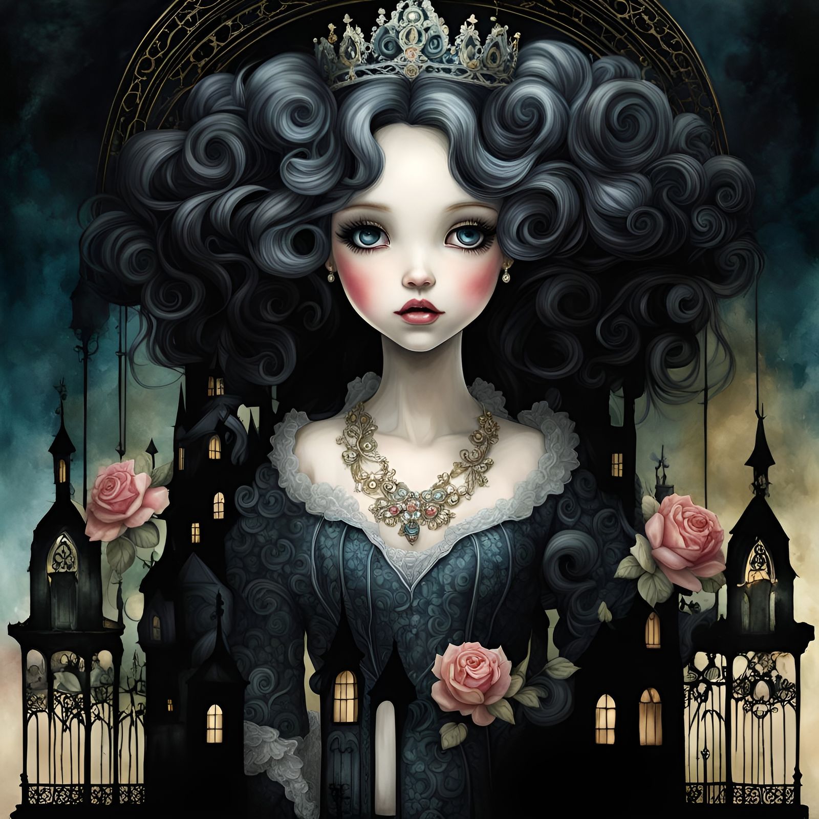 Rococo Princess Porcelain Doll in Digital Watercolor