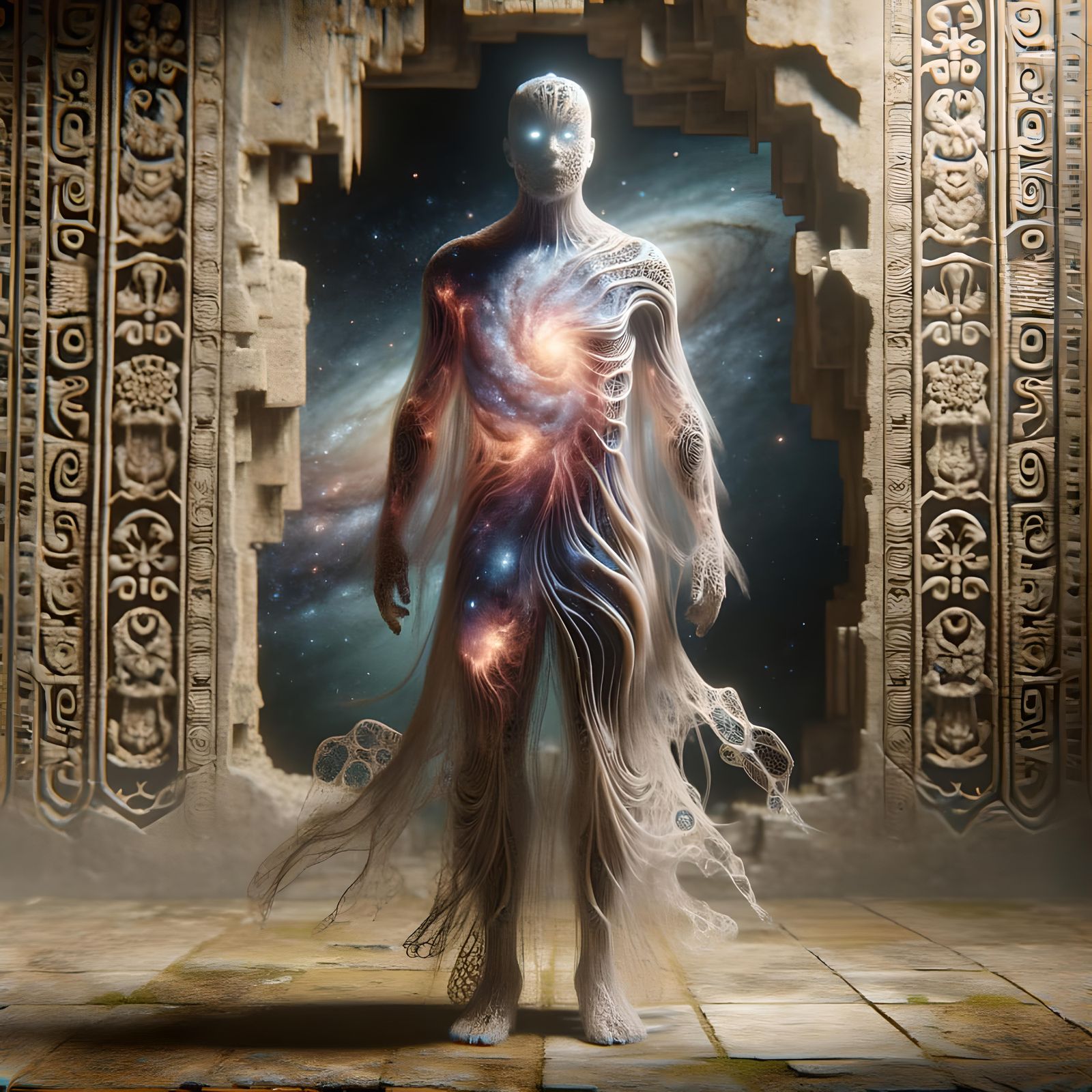 Ethereal Fractal Humanoid in Solarpunk Haida Style