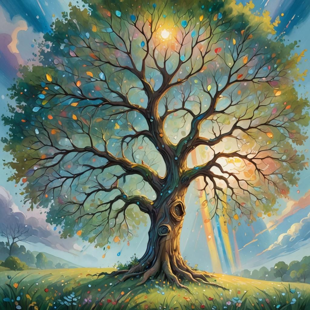 Majestic Tree in Meadow: Whimsical Oil Painting