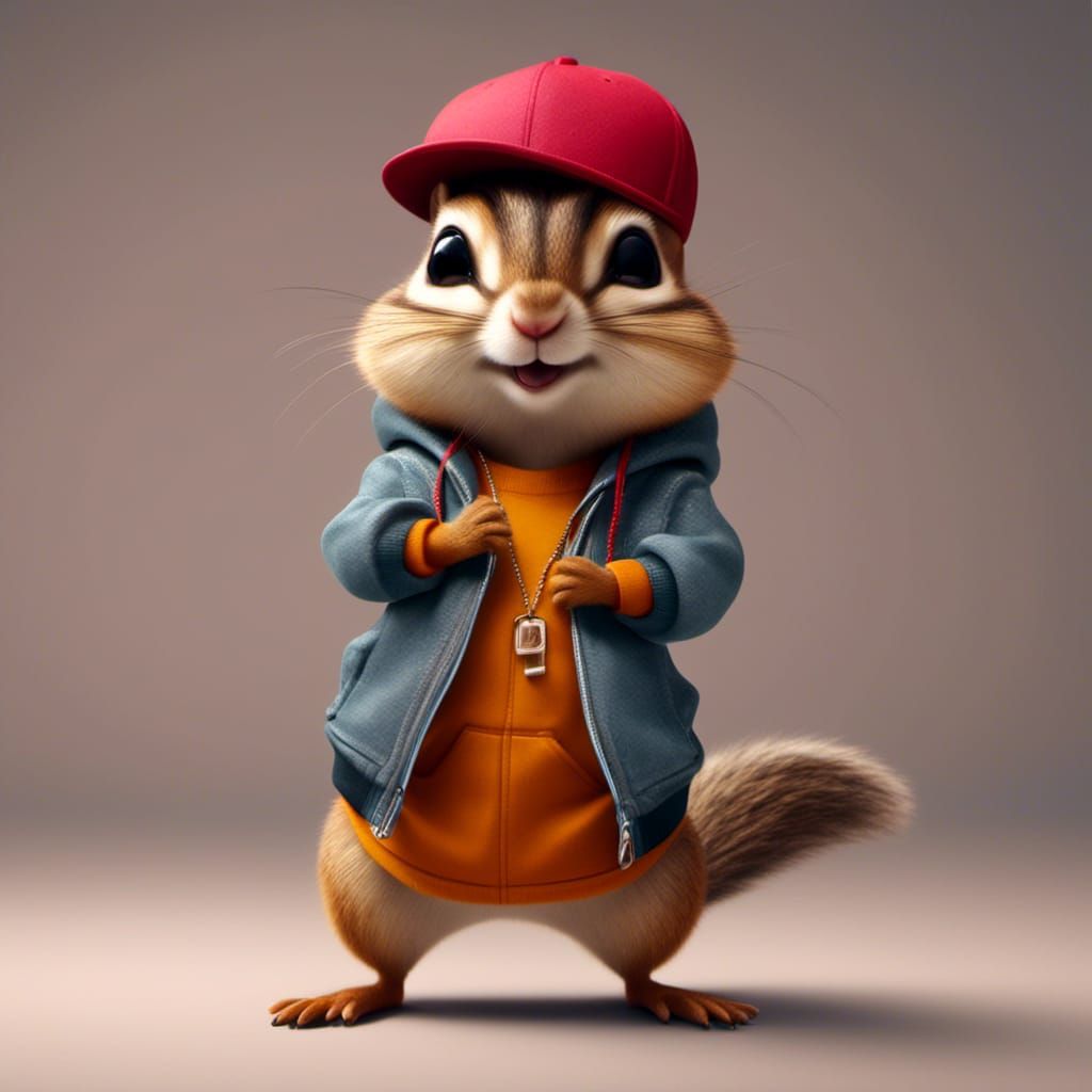<lora:Kyoot:1.0> Anthropomorphic female chipmunk in hip hop clothing, digital photography, 3d, 32k