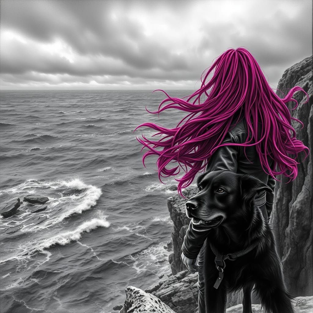Mysterious Woman Stands at Cliff's Edge, Gazing Out at Storm...