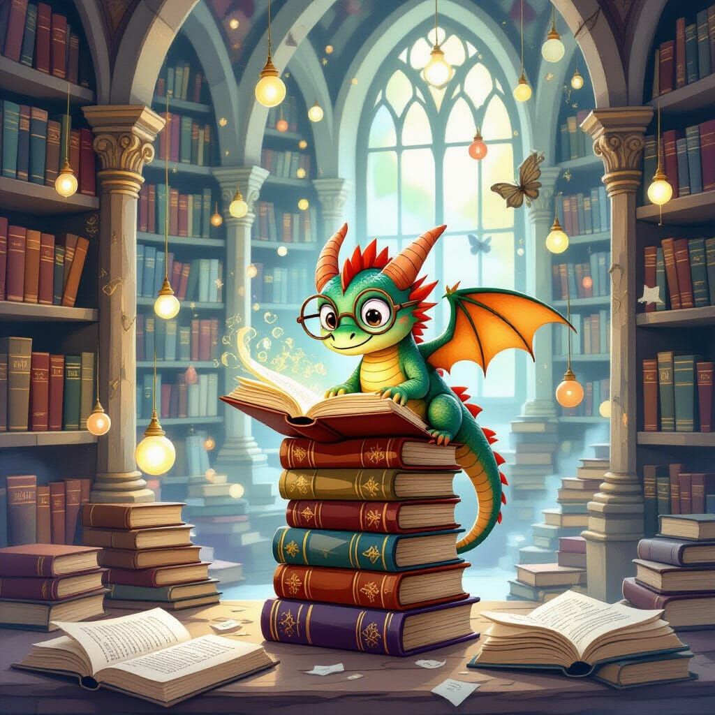 Whimsical Storybook Library with Dragon and Glowing Orbs