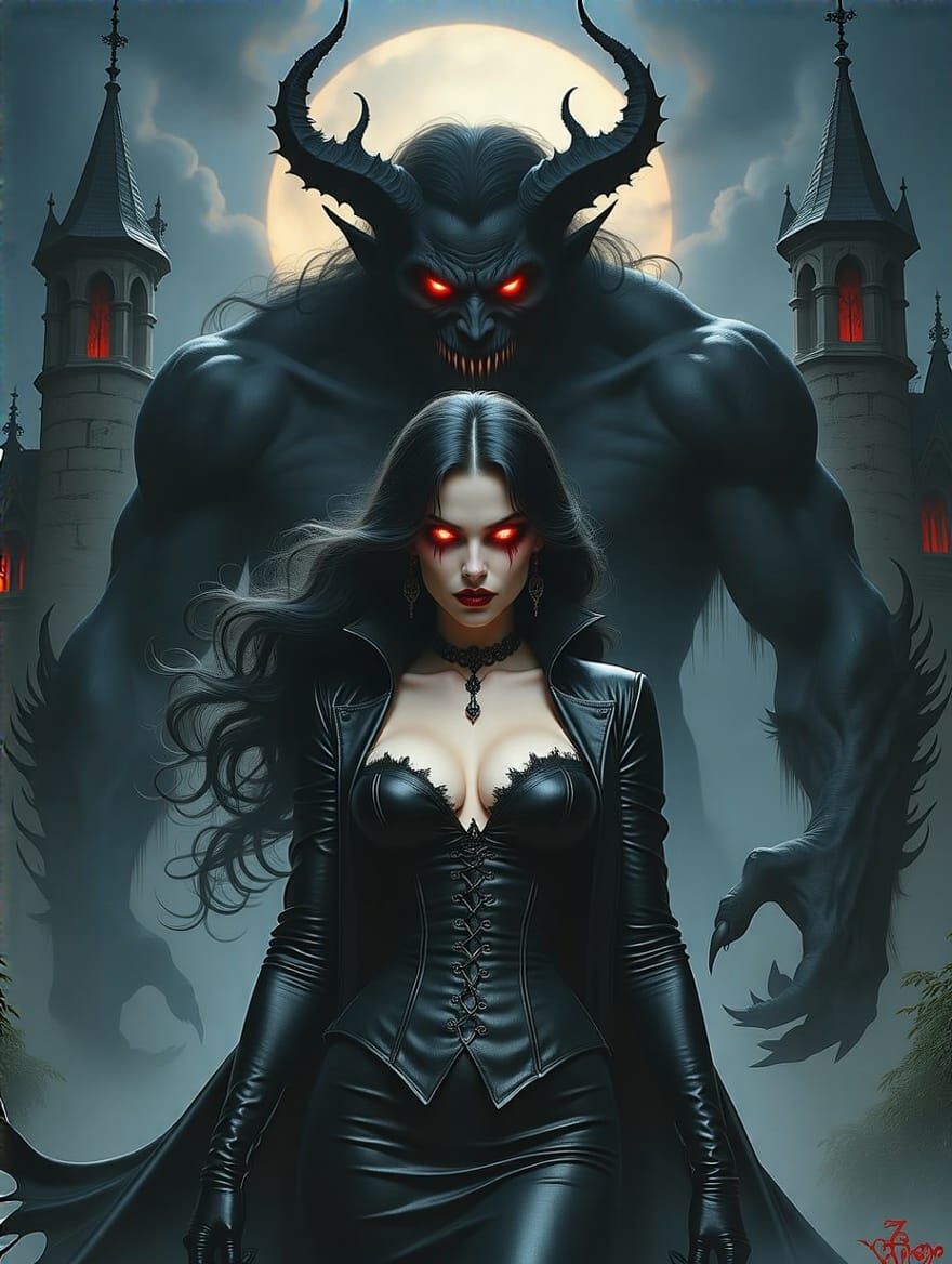 Gothic Demoness Emerges from Haunted Mansion Shadows