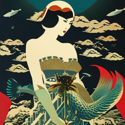 "Mermaid pulp noir fiction cover in collage and Taisho art s...