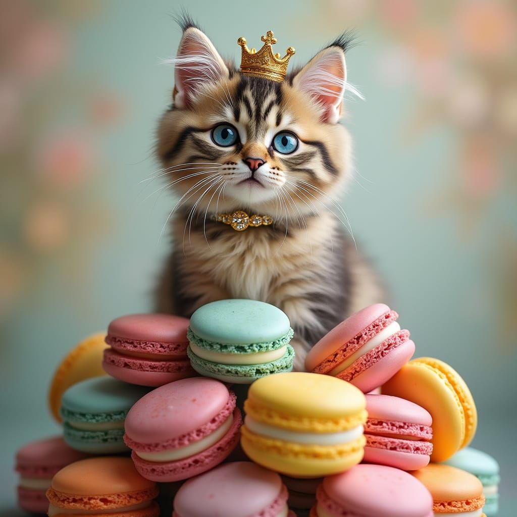 Regal MaineCoon Cat in Whimsical Macaron Castle