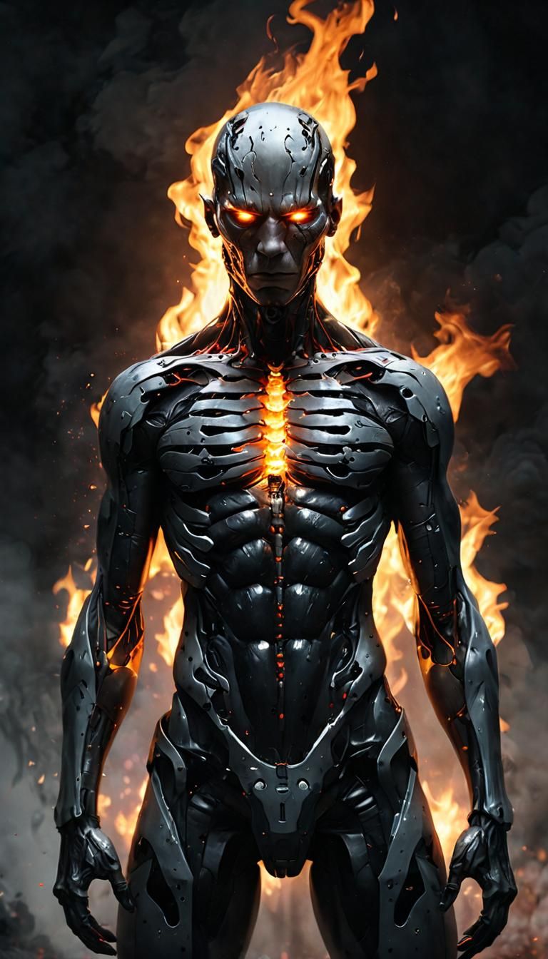 Cyborg Torso Melts in Flames, Dark Fantasy in High-Definitio...