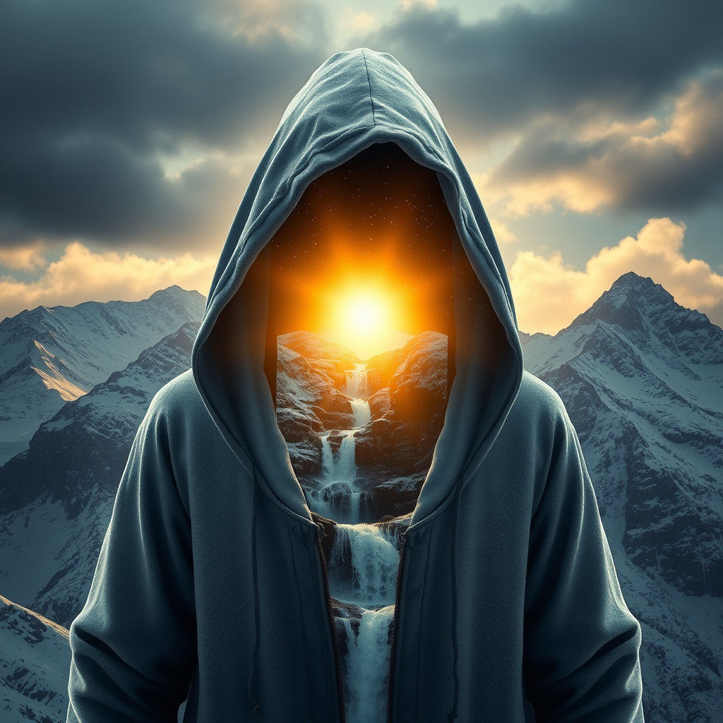 Mountain Hooded Figure with Waterfall in Cinematic Style