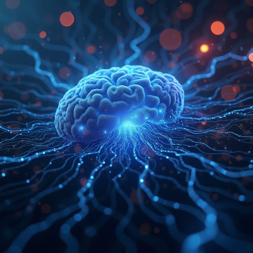 Surreal AI Brain with Pulsing Data Flow and Glowing Connecti...