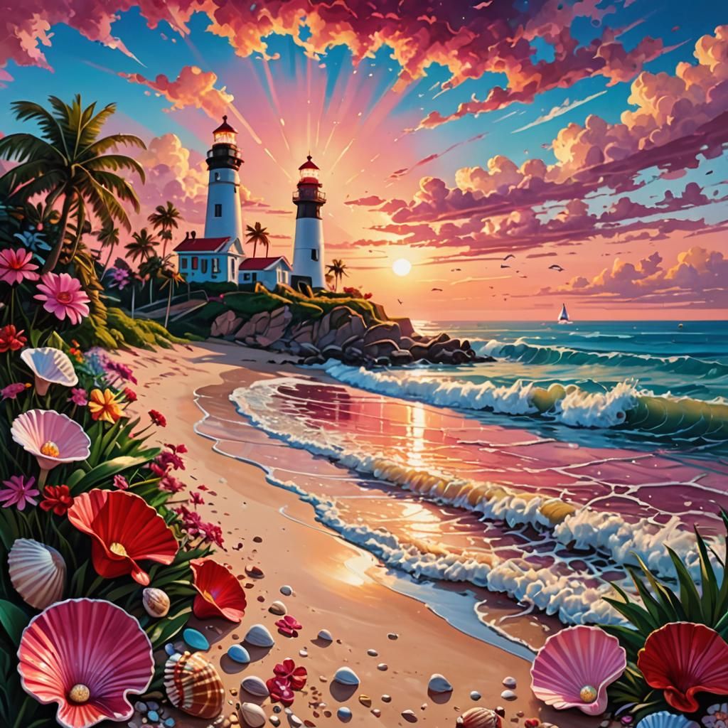 Hyperrealistic Sunset Beach with Lighthouse and Holographic ...