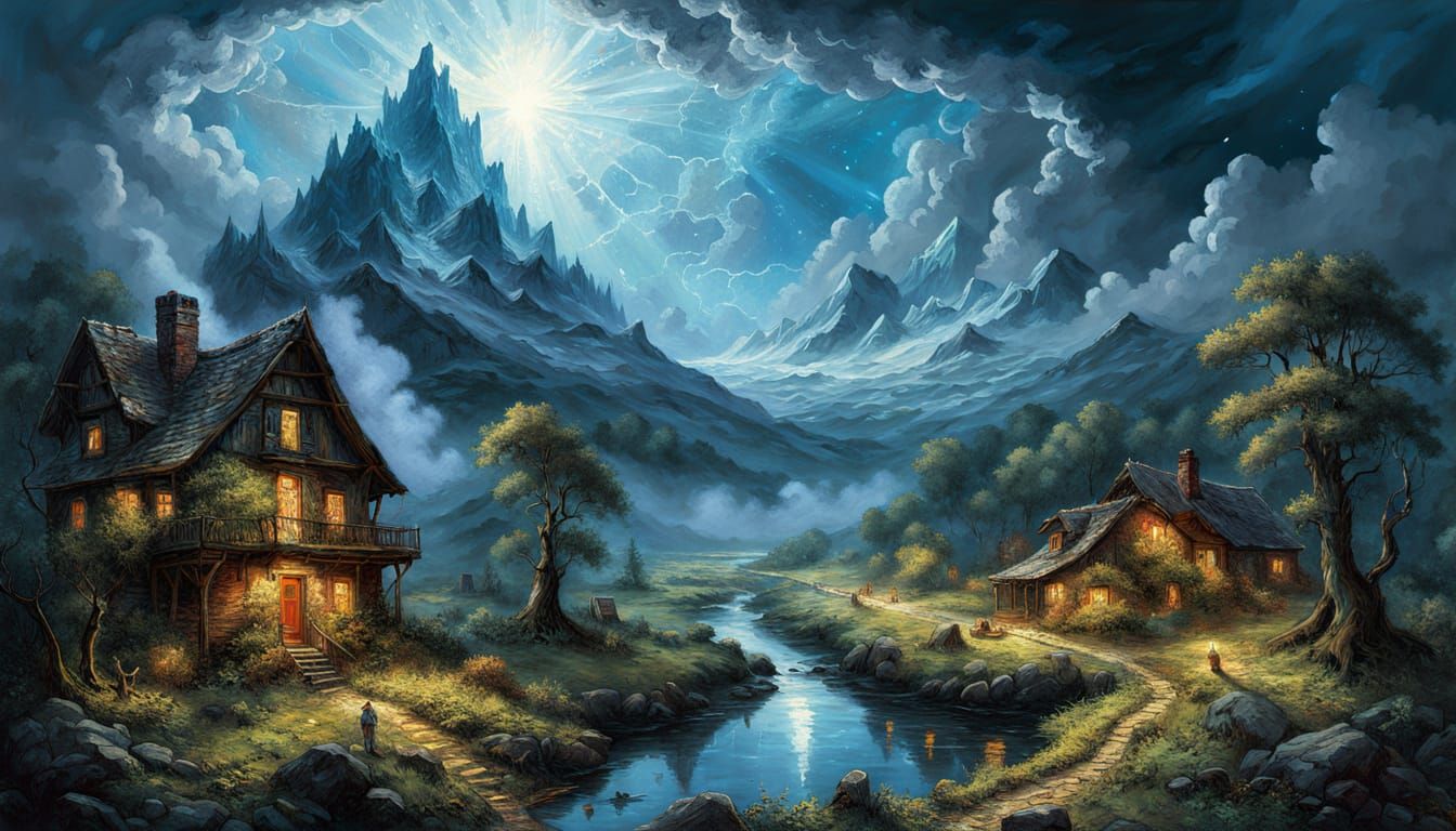 Charming Streamside Umgebindehaus in Detailed Oil Painting S...