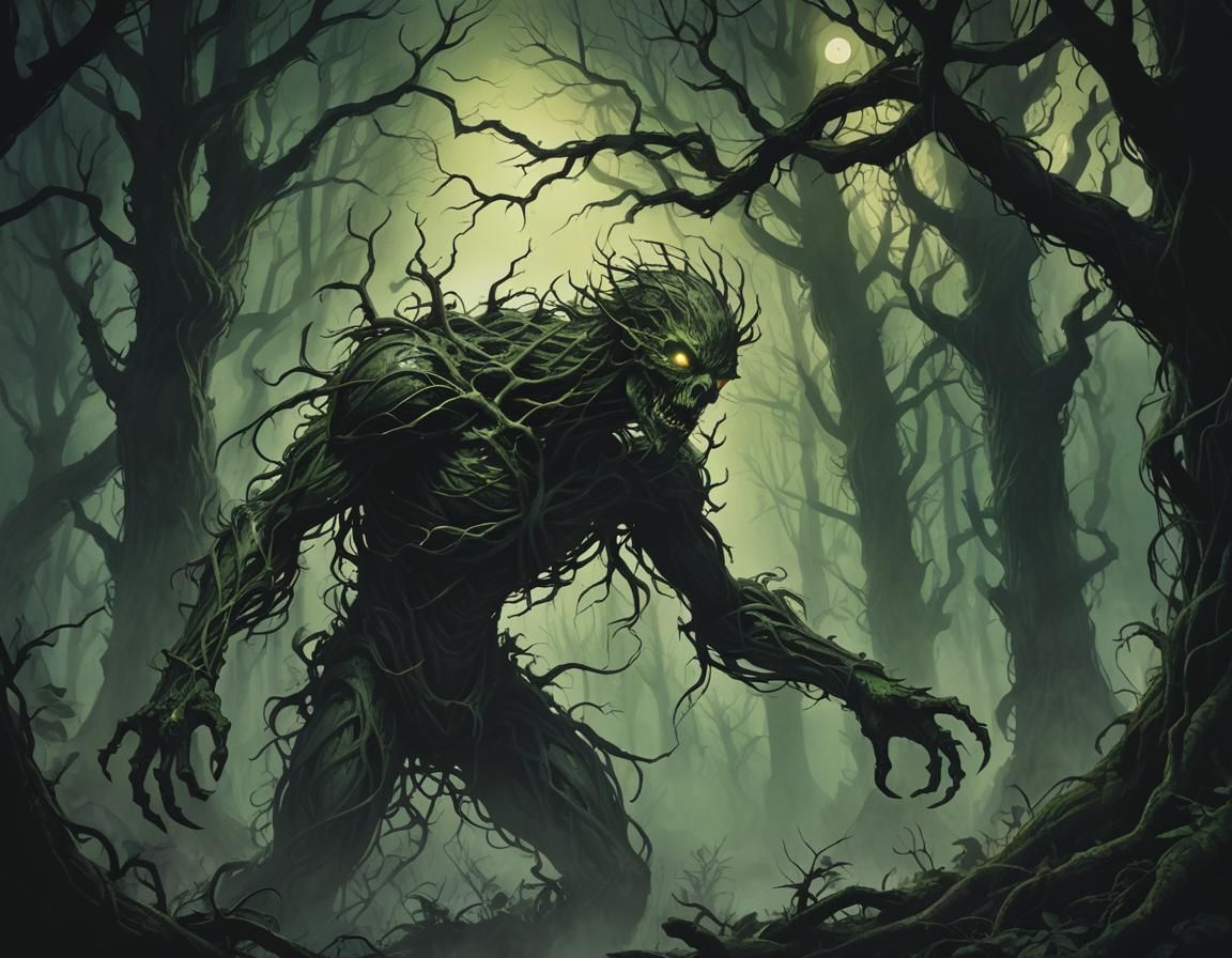 Eerie Humanoid Emerges from Dark Forest: Fauvist Expressioni...