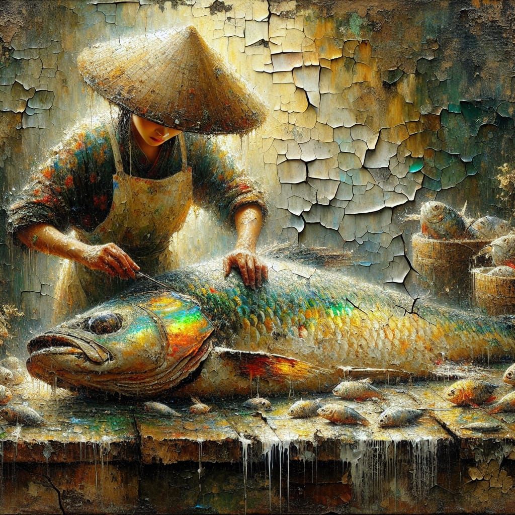 Traditional Oil Painting of Asian Fisherwoman with Vibrant R...