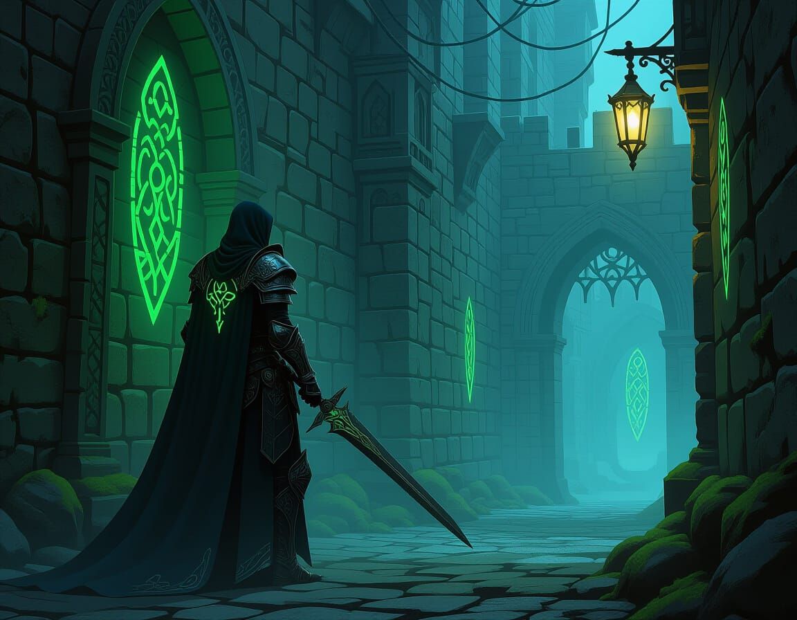 Elven Warrior in Dark Fantasy Armor in Misty Alleyway
