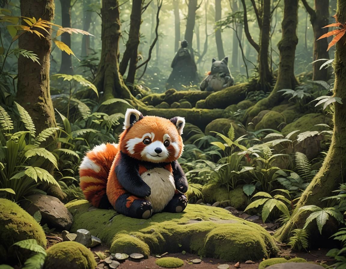 Red Panda Hugging Totoro: Whimsical Anime Art