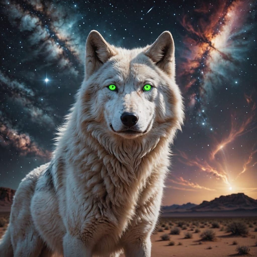 Majestic White Wolf Under Cosmic Nebula in Desert