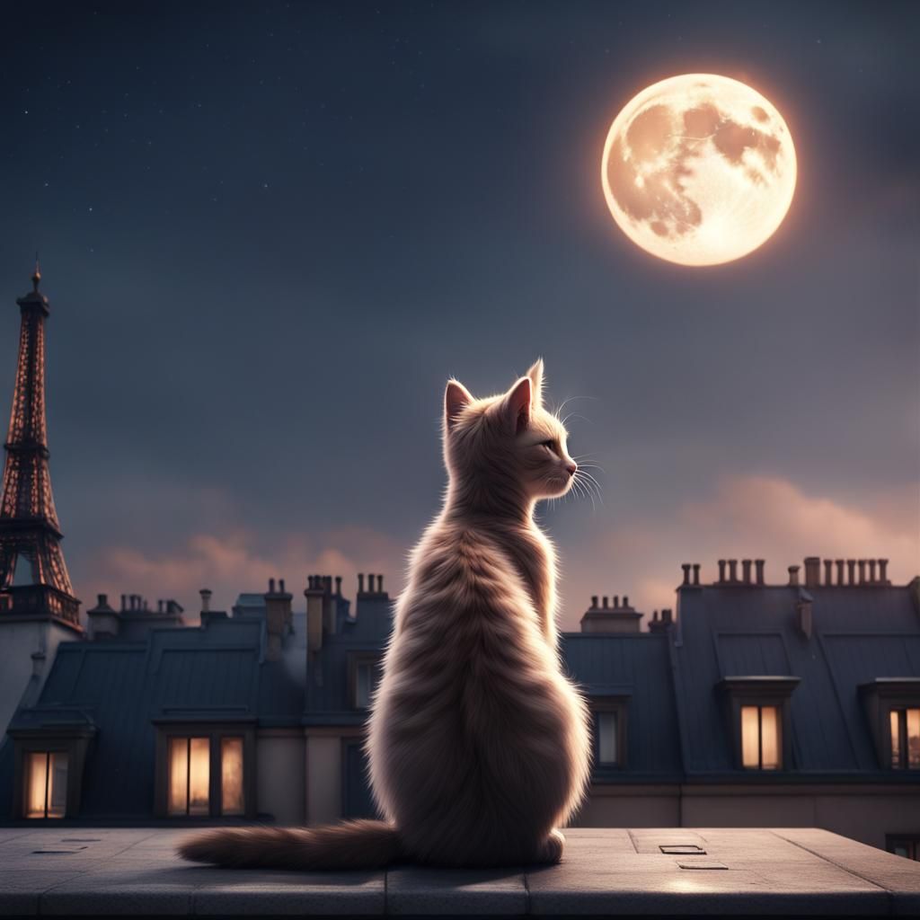 Kitten Gazing at Moon on Paris Rooftop