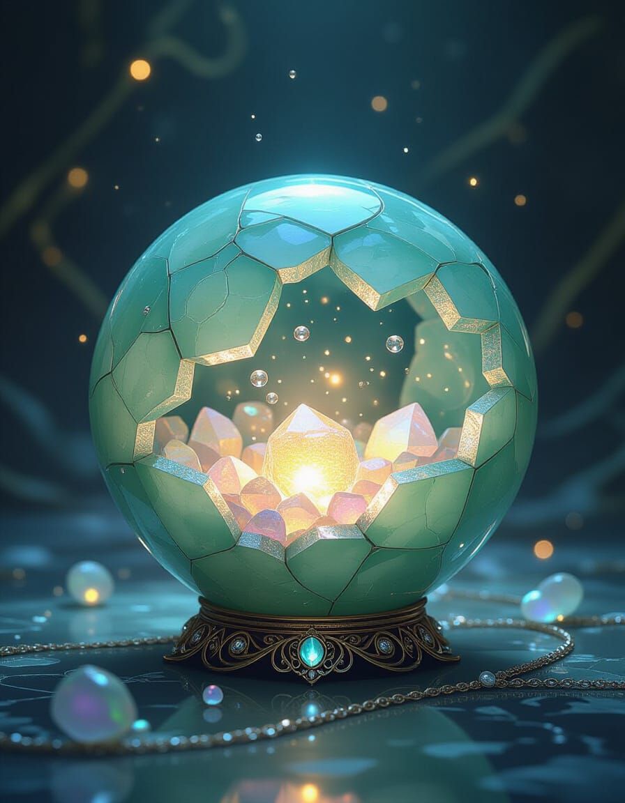 Glowing Jade Sphere with Magic and Intricate Jewelry