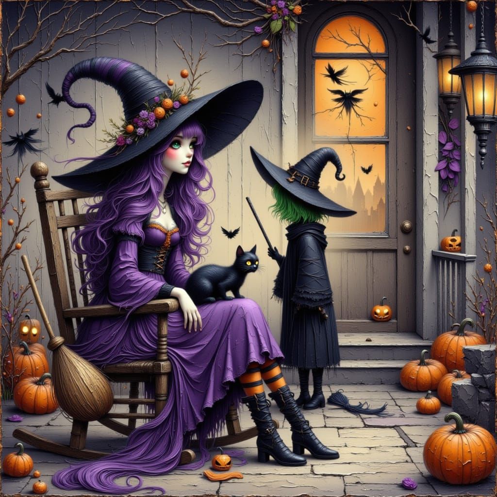Anime Style Witches Visit Porch with Black Cat