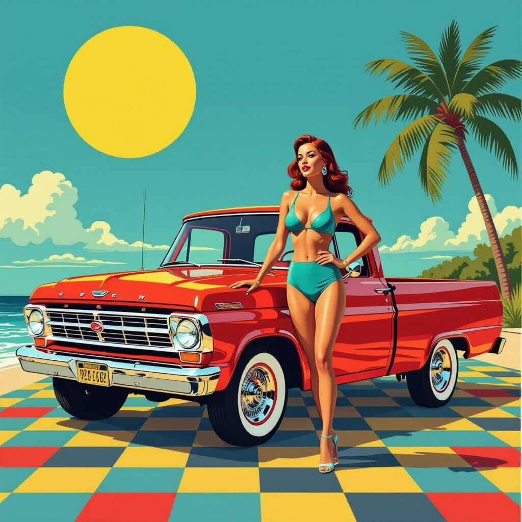 Ford 100 ratrod truck  Vibrant poolside scene, sun-kissed woman in a sleek swimsuit, surrounded by geometric Bauhaus pat...