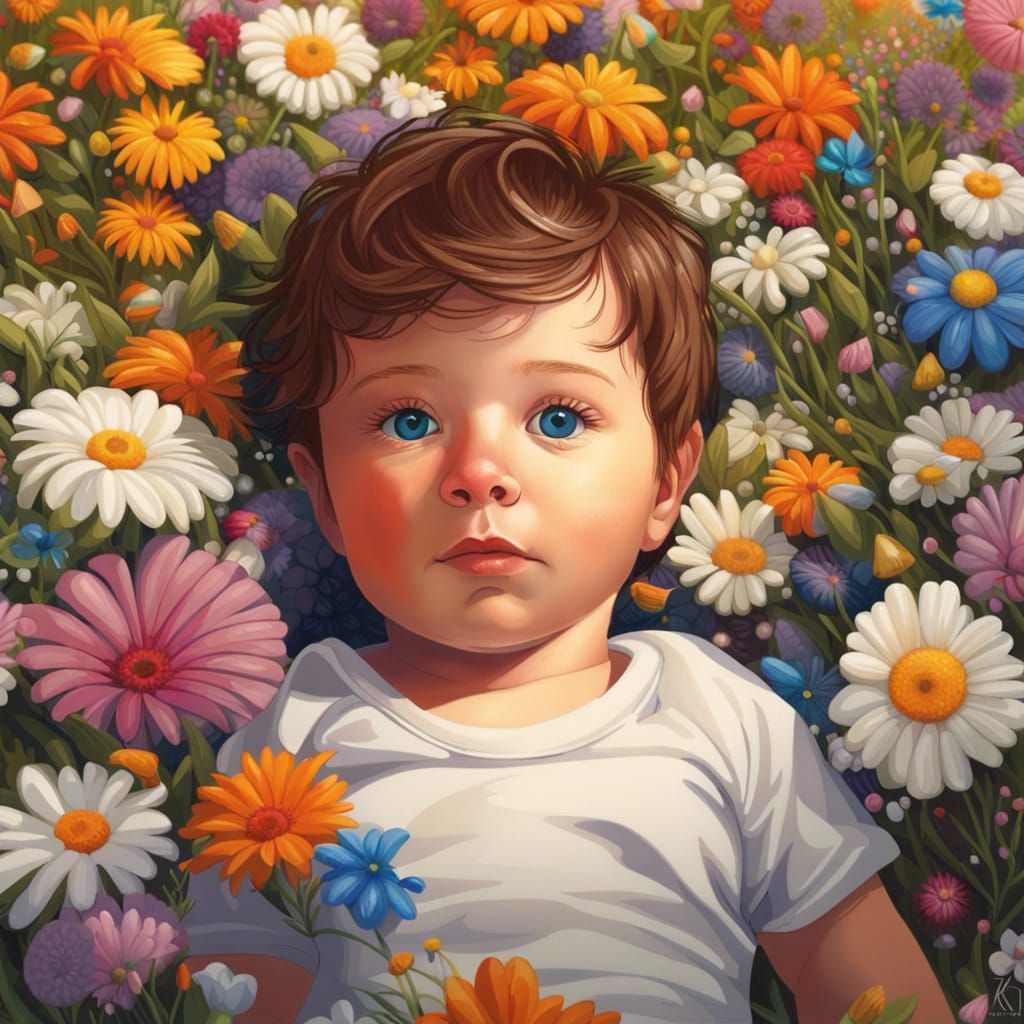 Hyperrealistic Portrait of a Boy in Flower Field