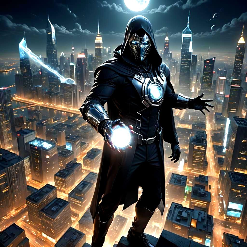 Cybernetic Supervillain Over City at Night