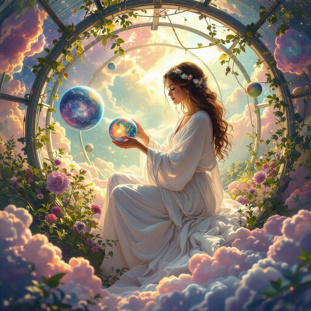 Celestial Gardener Nurturing Planets in Starlight Greenhouse