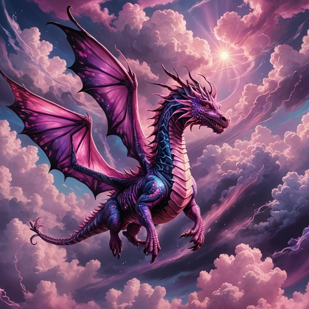 Pink Zebra Dragon Soaring Through Mystical Skies