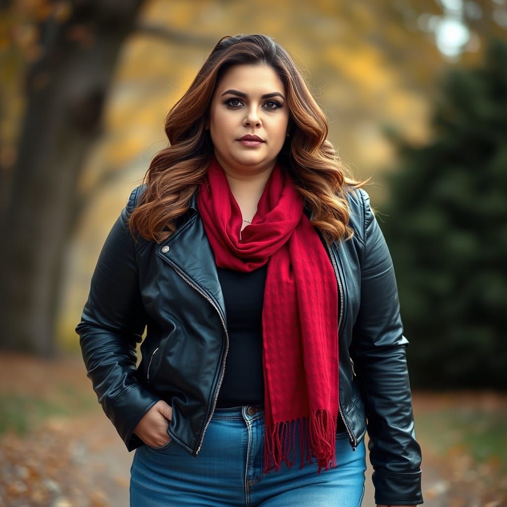 Curvy Woman in Leather Jacket, Naturalistic Portrait