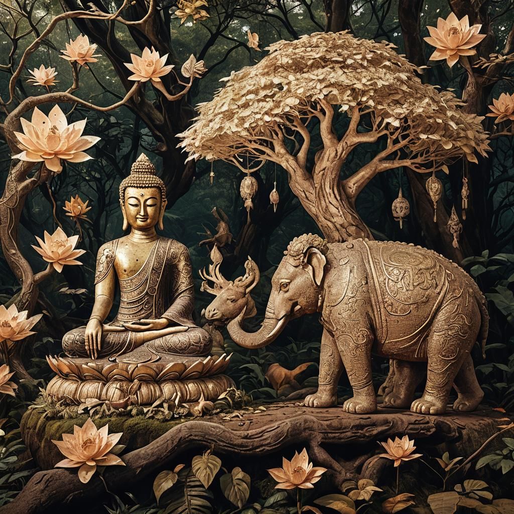Buddha in Forest: Detailed Matte Painting with Animals